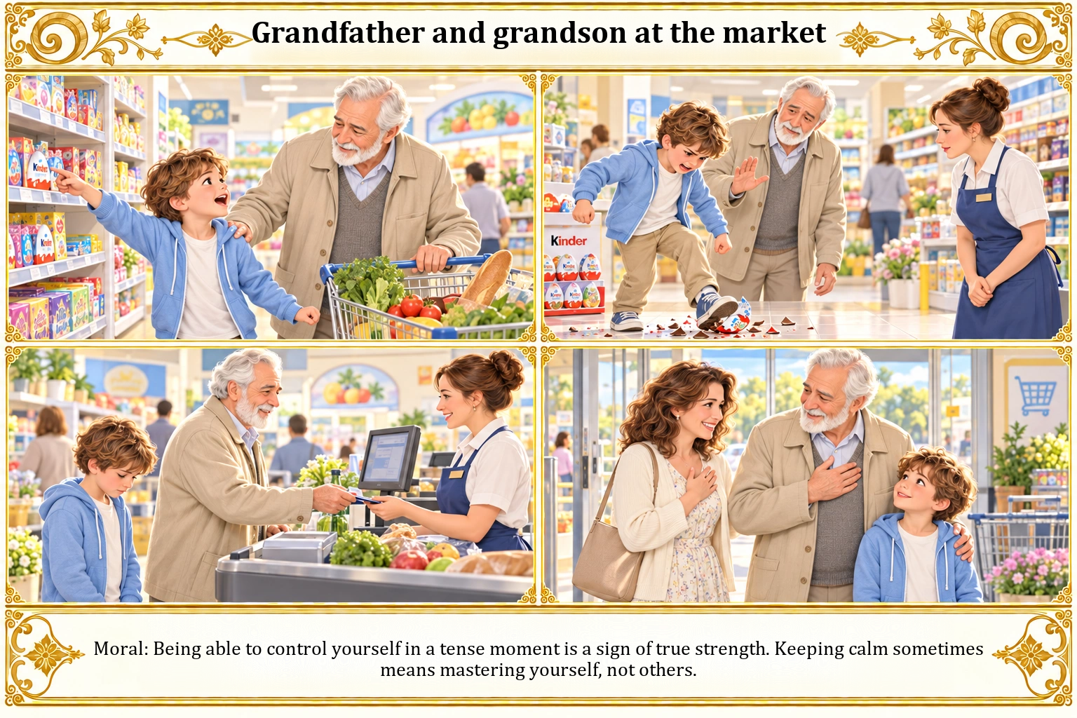 Illustration of Grandfather and Grandson at the Market