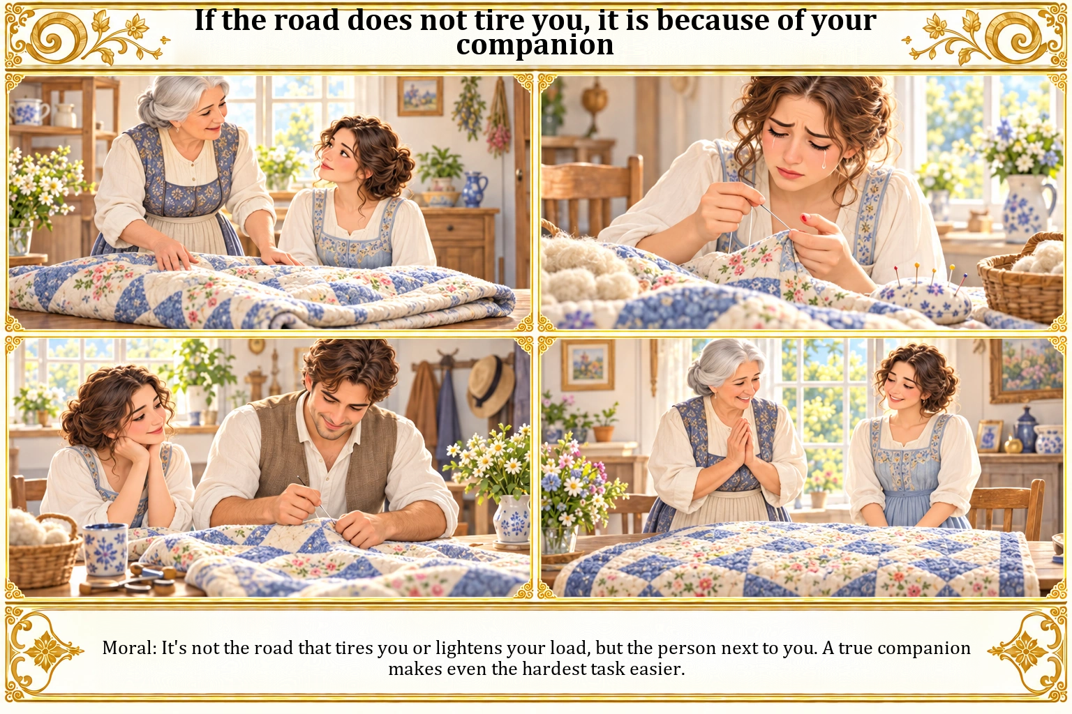 Illustration of If the Road Does Not Tire You, It Is Because of Your Companion