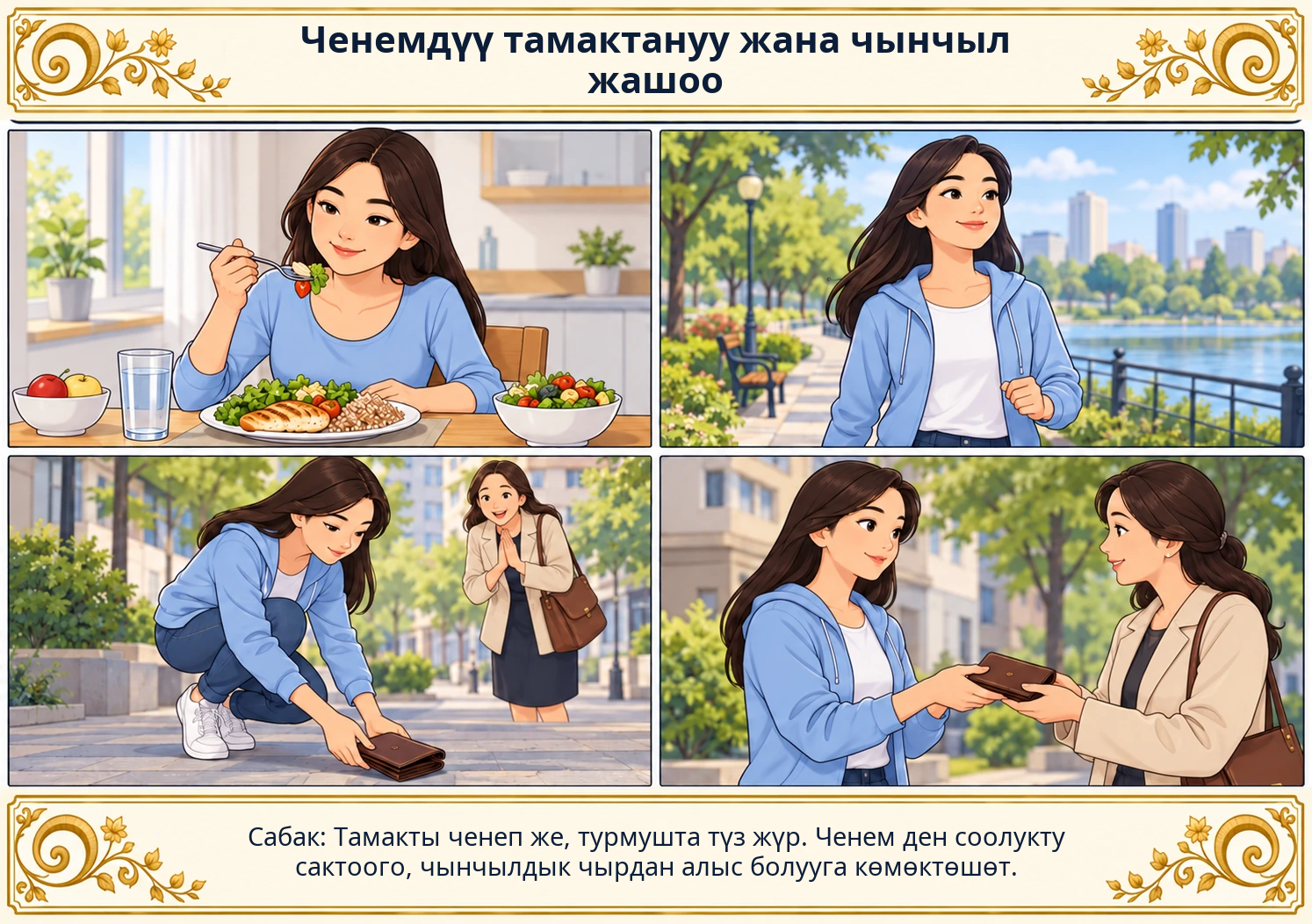 Ченемдүү тамактануу жана чынчыл жашоо сүрөтү