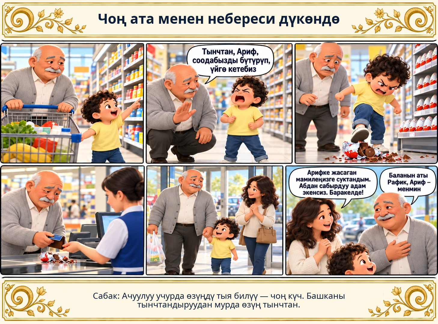 Чоң ата менен небереси дүкөндө сүрөтү