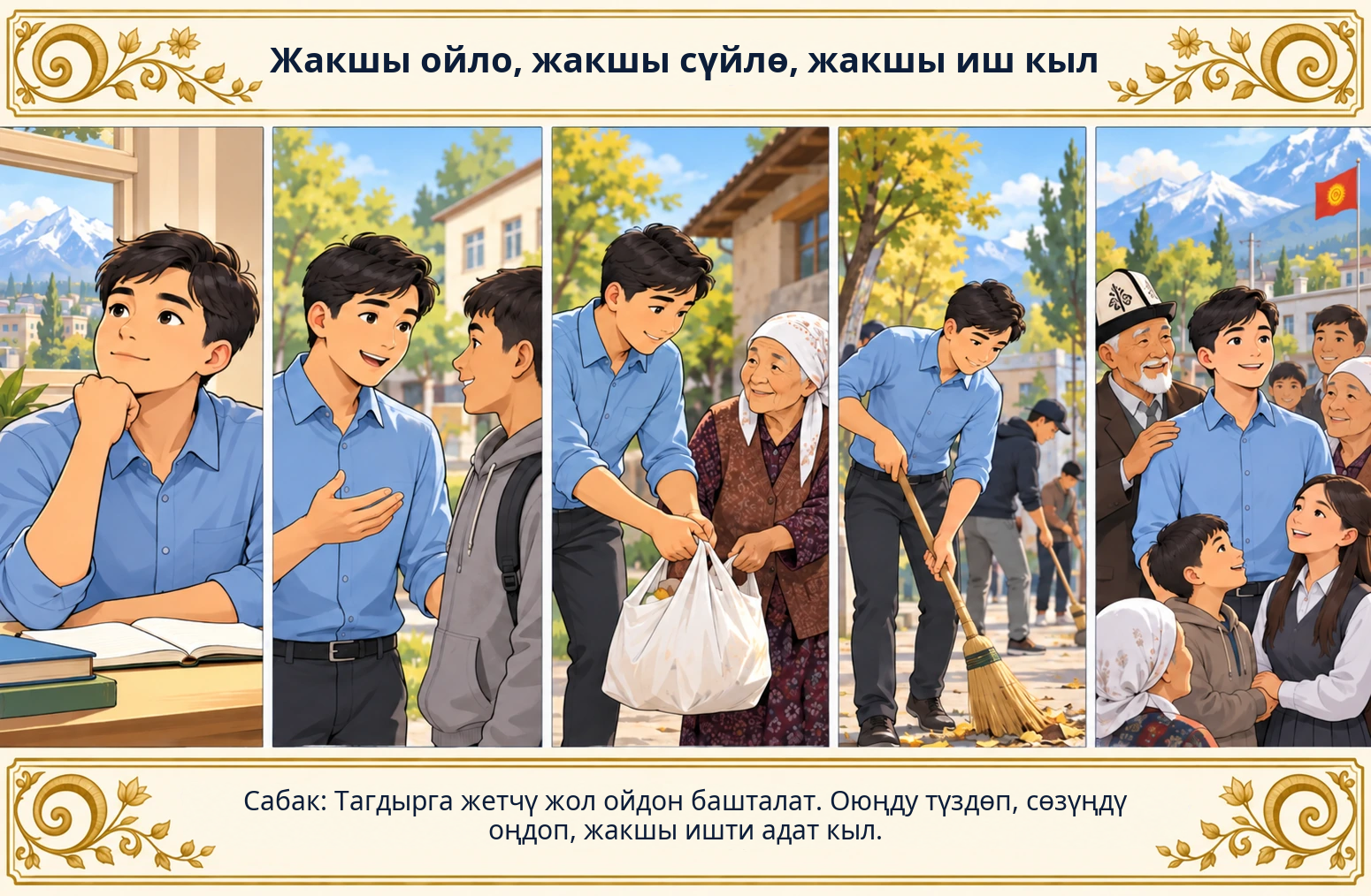 Жакшы ойло, жакшы сүйлө, жакшы иш кыл сүрөтү