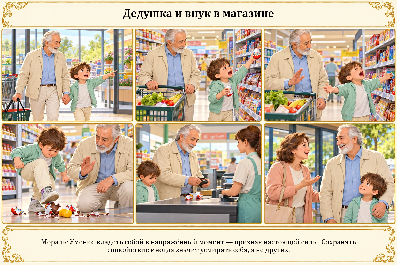 Иллюстрация: Дедушка и внук в магазине