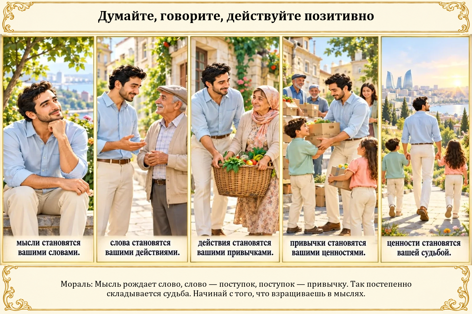 Иллюстрация: Думайте, говорите, действуйте позитивно.