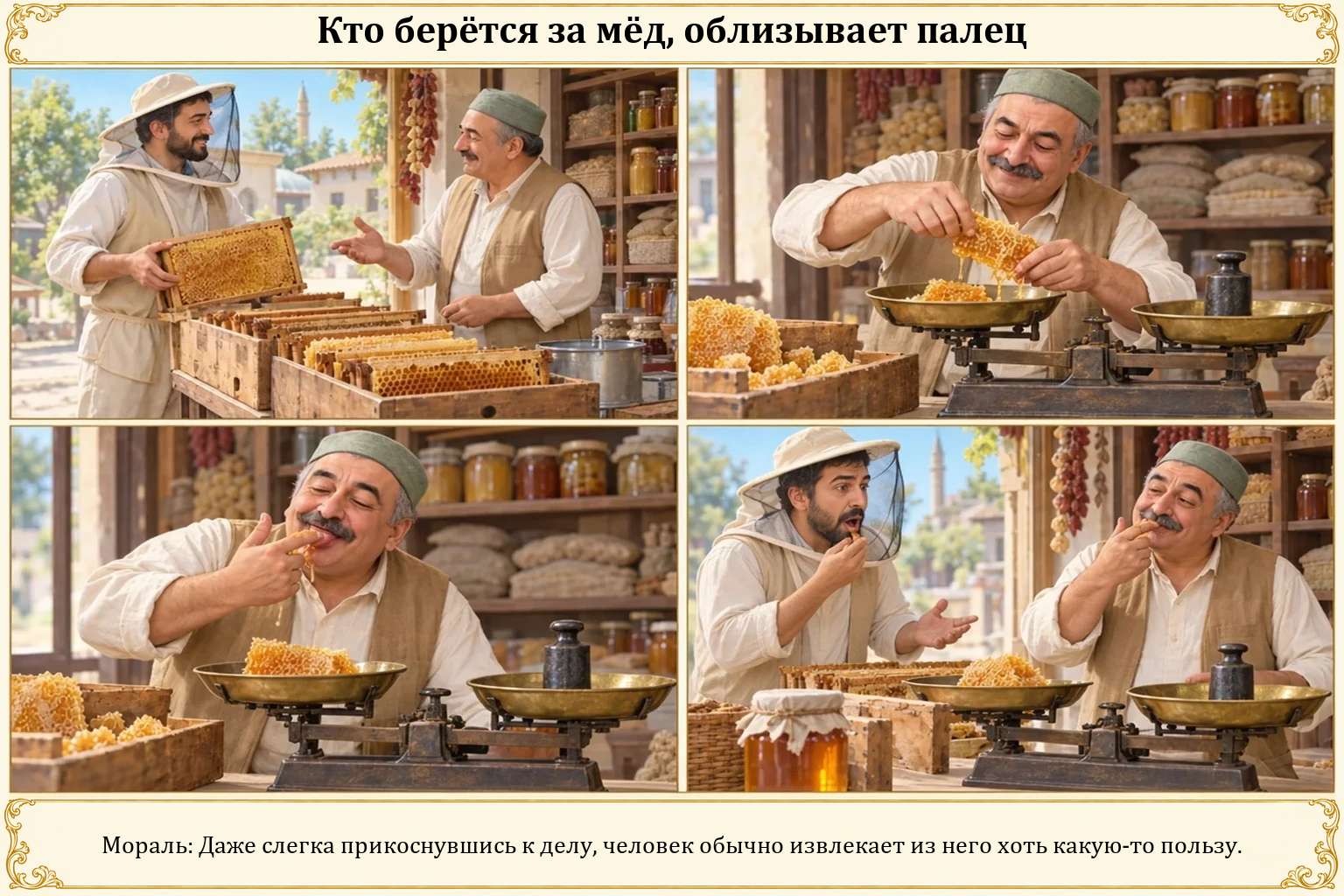 Иллюстрация: Кто берётся за мёд, облизывает палец